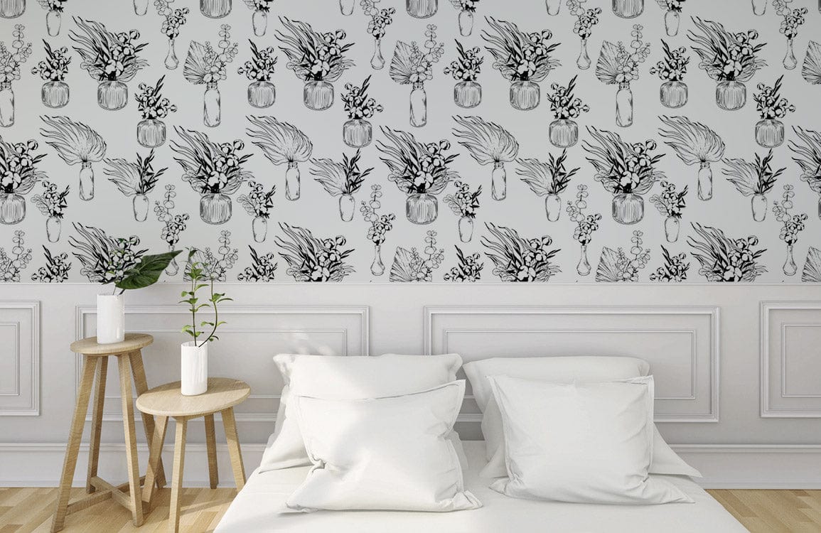 Papier peint mural noir et blanc avec motif floral pour décoration intérieure