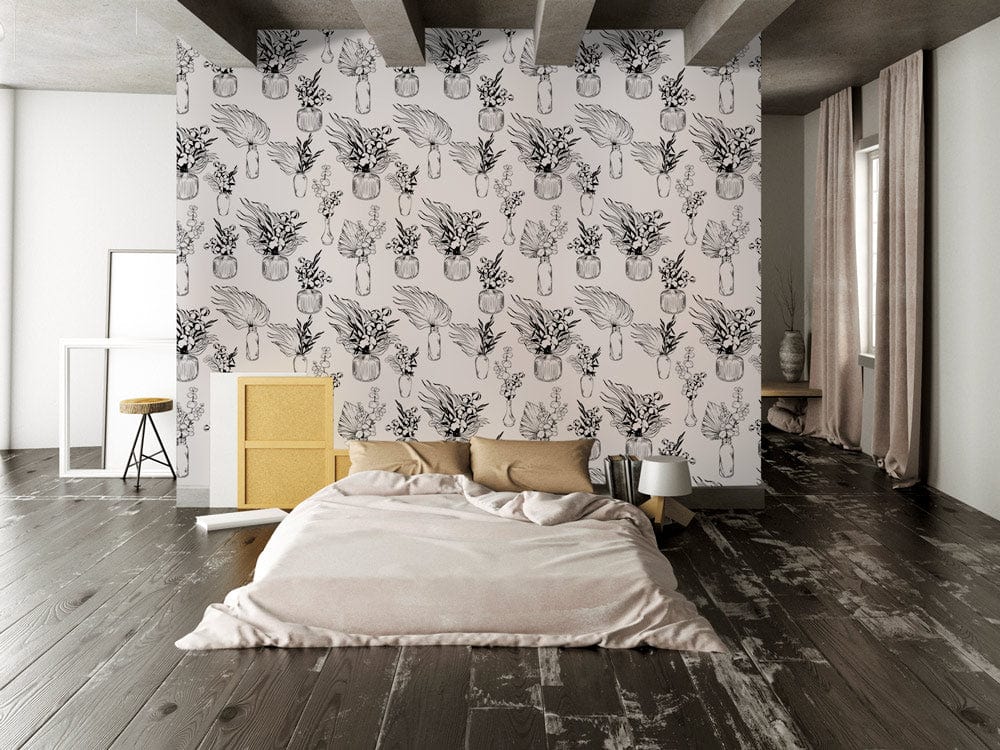 Papier peint mural de vases répétitifs dans une chambre avec lit et papier peint