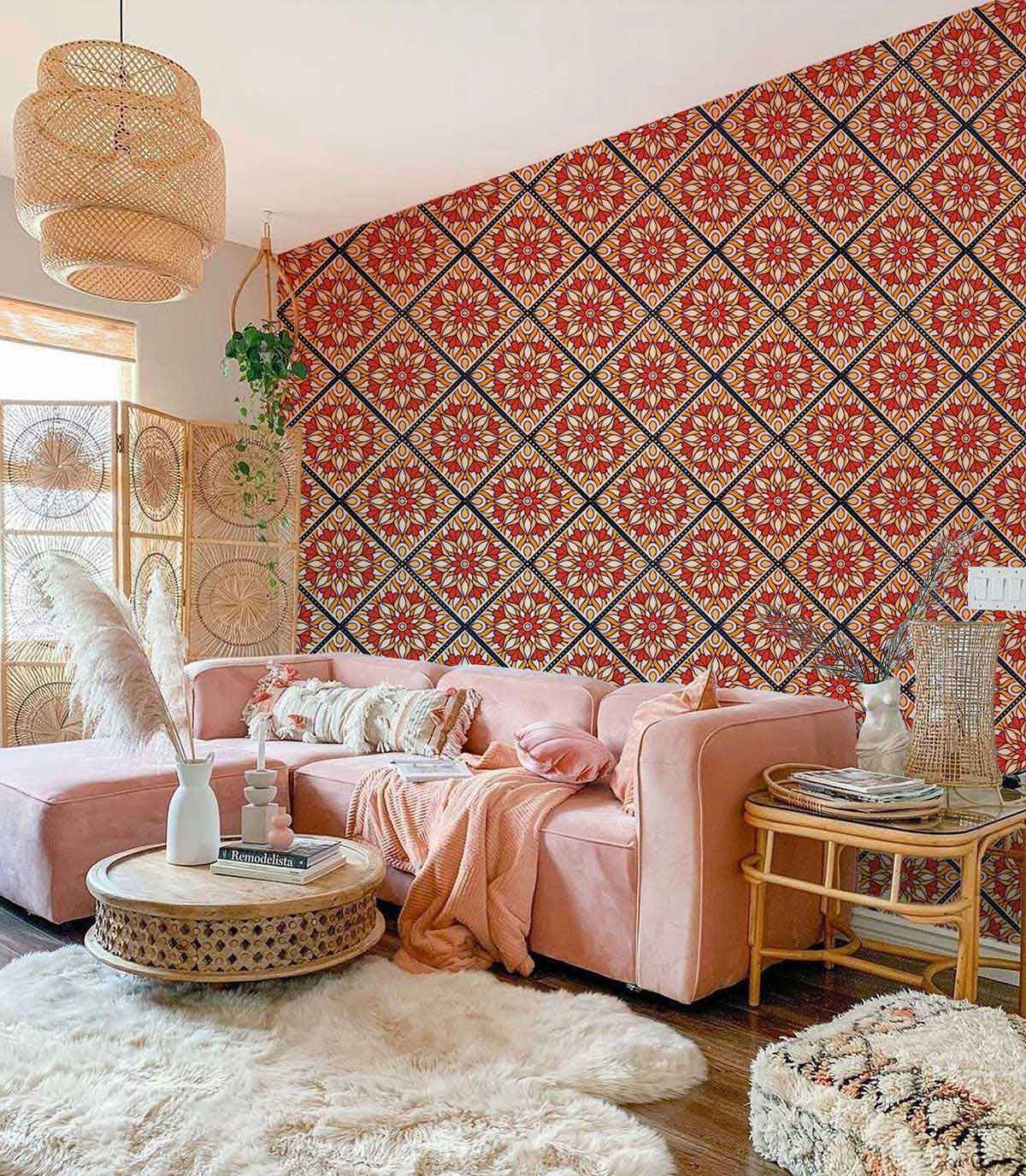 Sectional en tissu rose modulable avec papier peint mural vecteurs orange vif pour salon