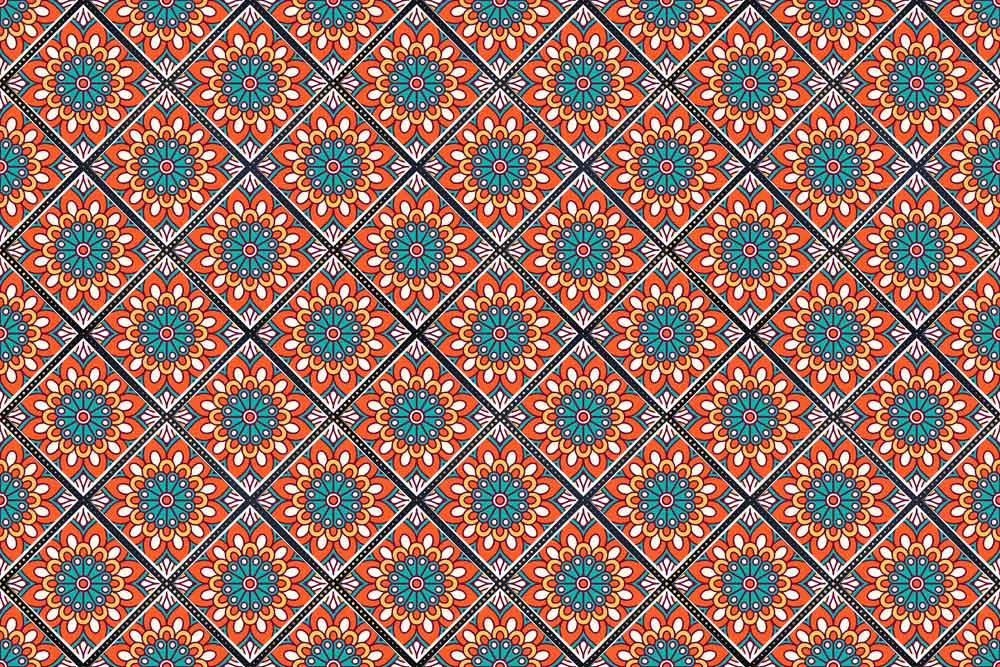 Papier peint mural avec motifs mandalas turquoise et orange pour décoration intérieure
