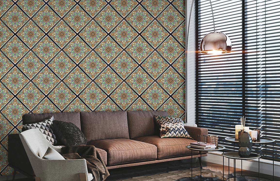Papier peint mural avec vecteurs verts sales et canapé sectionnel en tissu marron