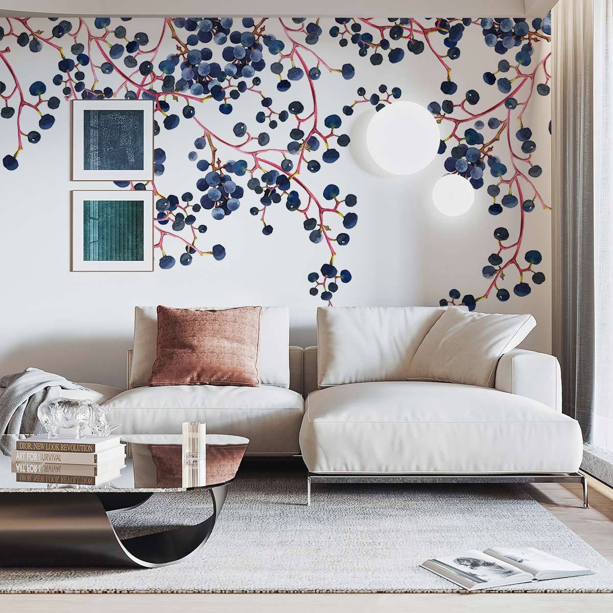 Papier peint mural de vignes de myrtilles dans un salon moderne avec canapé blanc