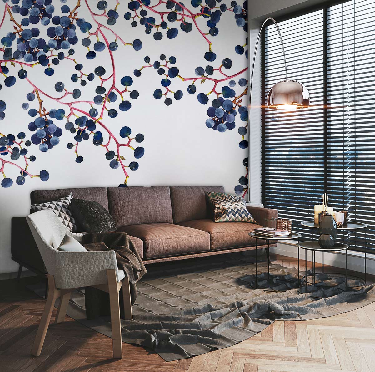 Papier peint mural de vignes de myrtilles dans un salon moderne avec canapé marron
