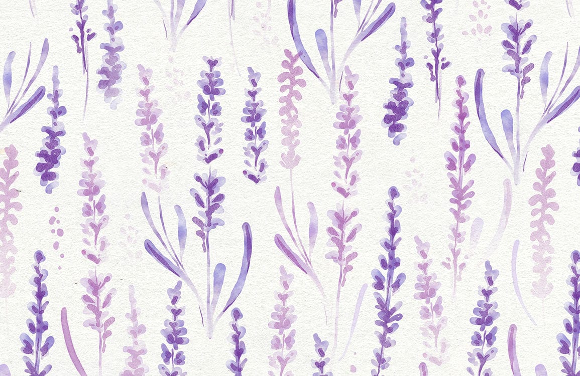 Papier peint mural avec motif lavande aquarelle sur fond blanc, idéal pour décor floral
