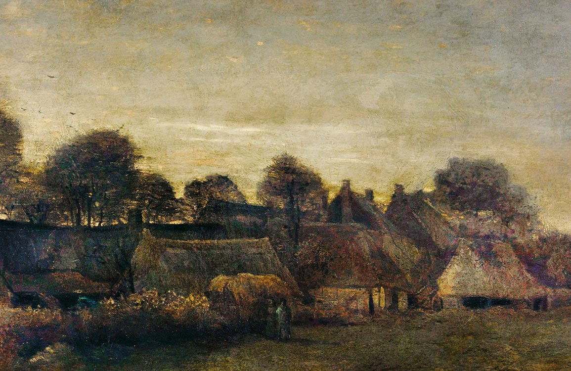 Papier peint mural de village agricole avec cottages en chaume sous ciel nuageux