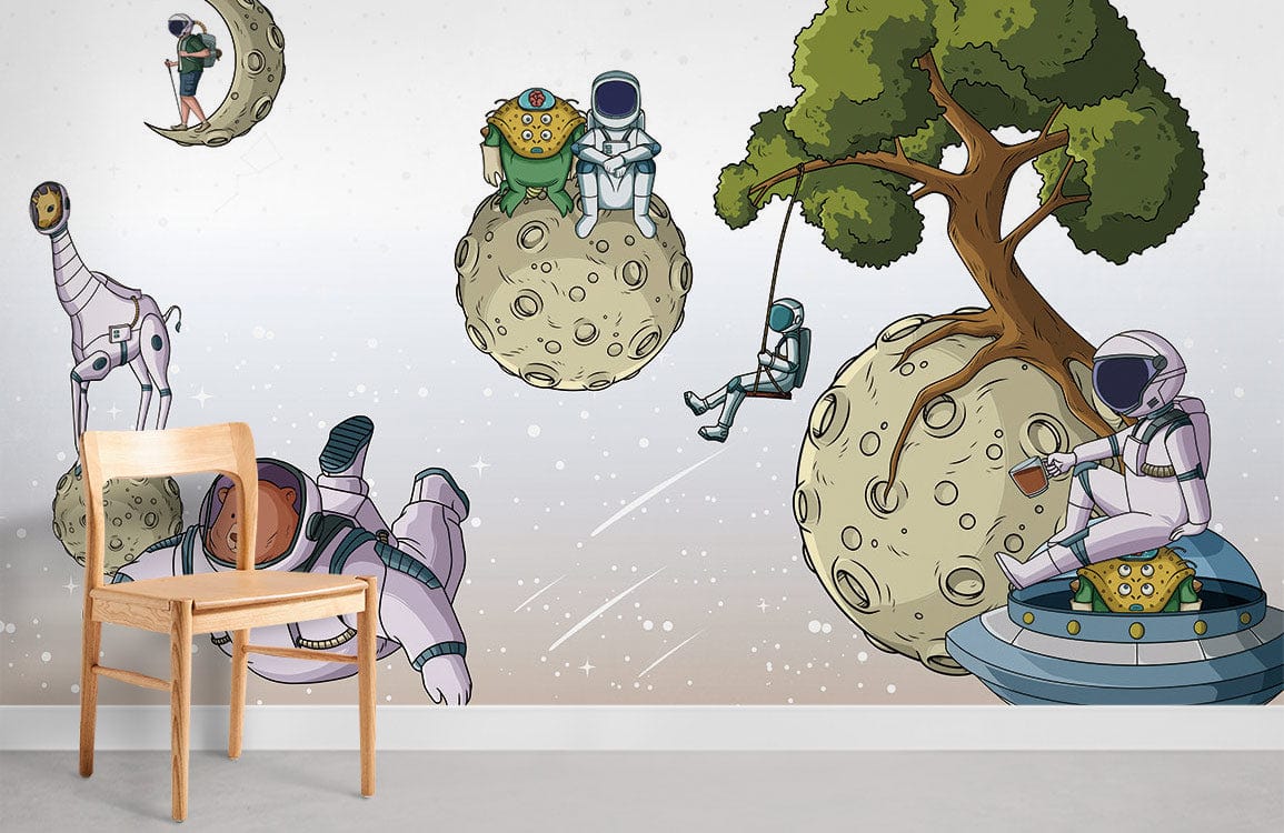 Chaise en bois avec dossier à lattes, idéale pour un papier peint mural de voyage d’astronaute