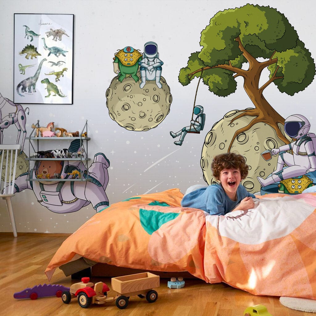 Papier peint mural de voyage d’astronaute dans une chambre d’enfant avec décor spatial