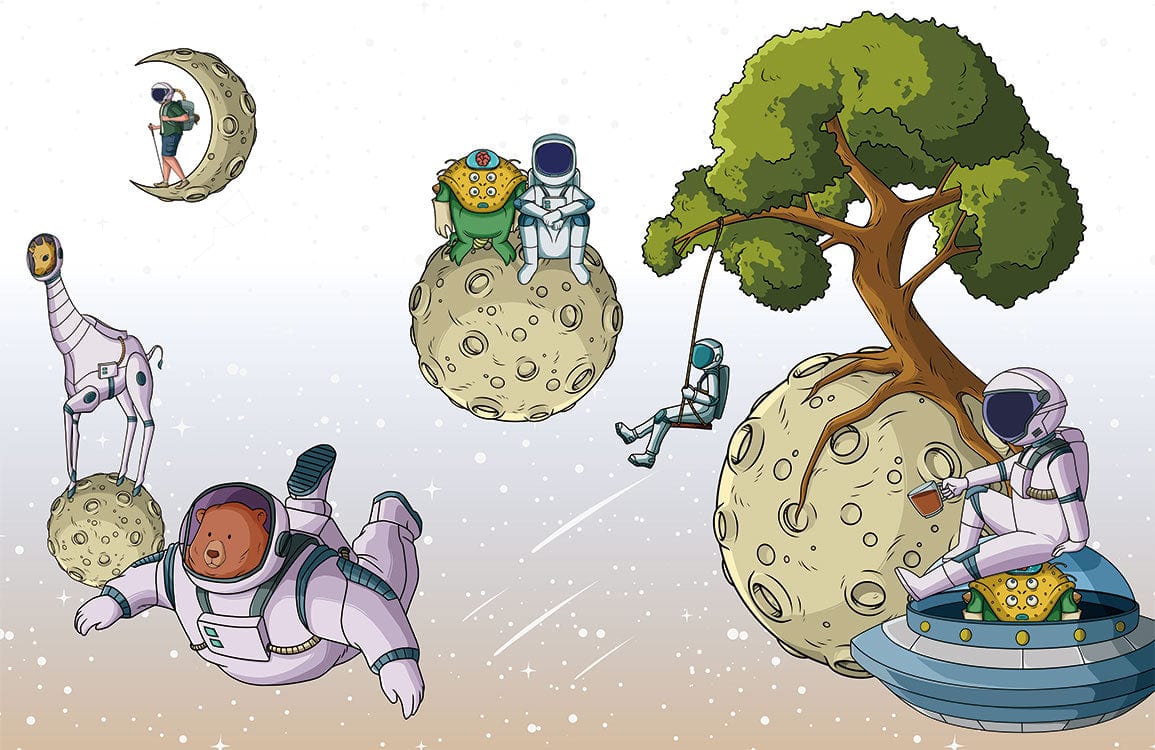 Papier peint mural de voyage d’astronaute avec personnages et sphères lunaires dans l’espace