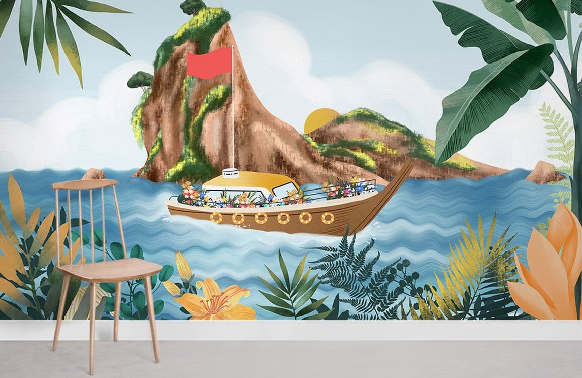 Papier peint mural de yacht et île tropicale avec bateau en bois, toit jaune et drapeau rouge