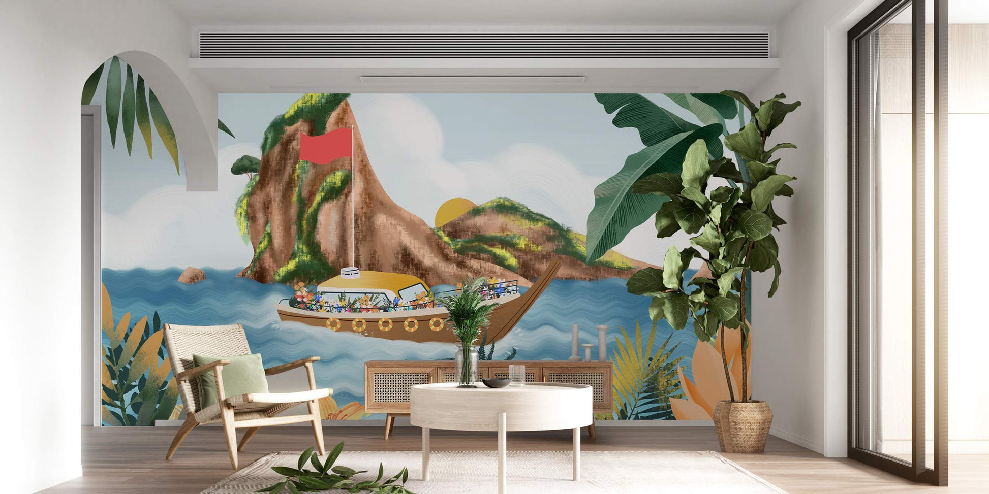 Papier peint mural de yacht et île tropicale dans un salon avec mobilier contemporain