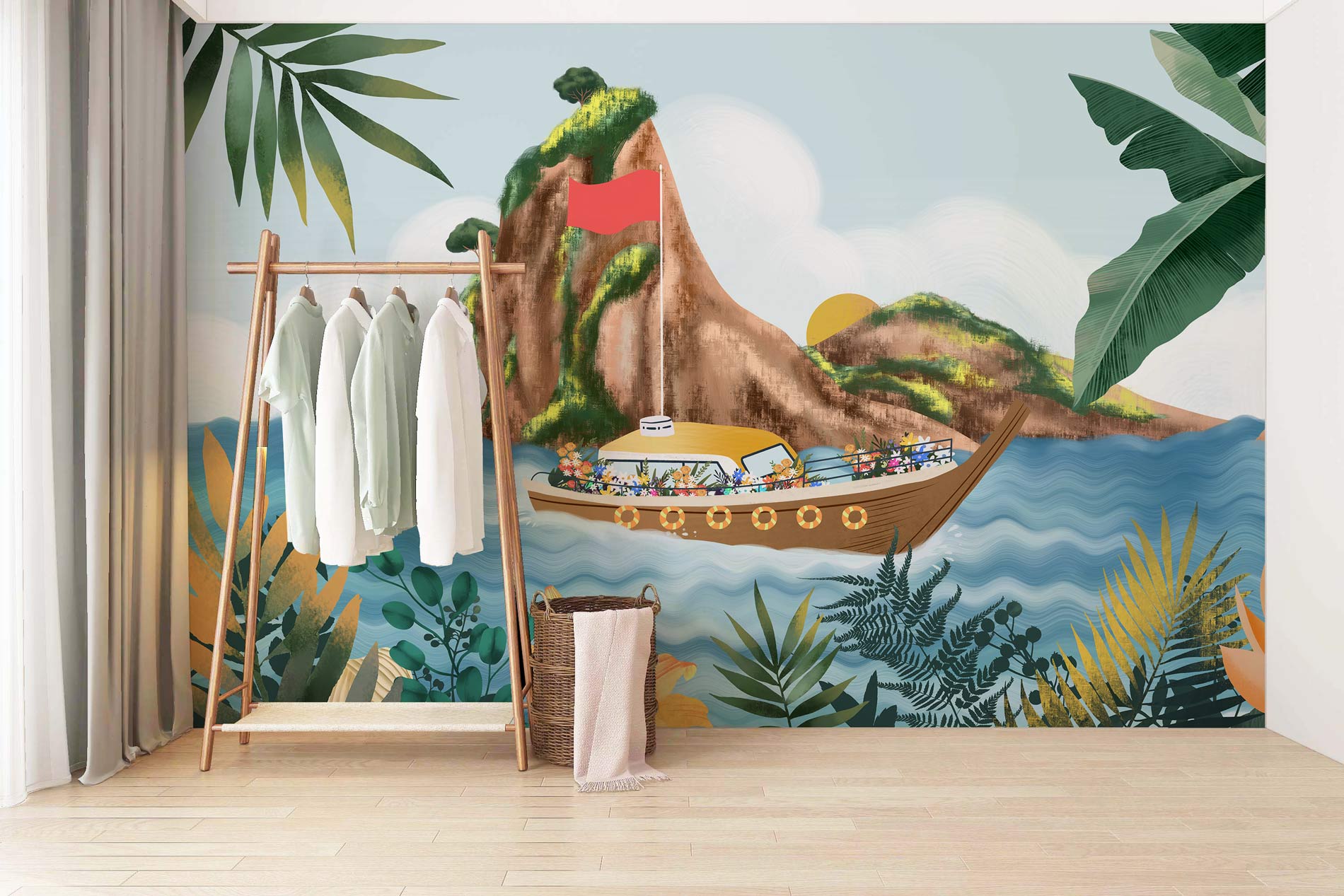 Clothes rack en bois avec étagère inférieure, idéal pour décoration papier peint mural île tropicale