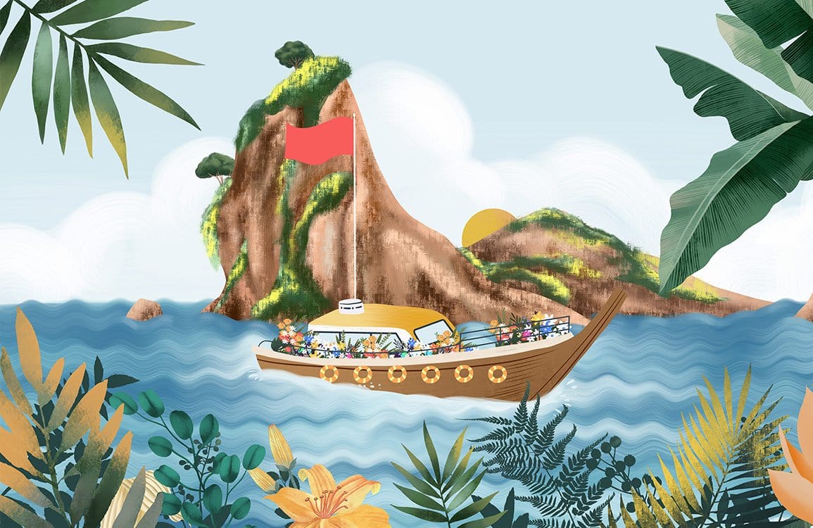 Papier peint mural île tropicale avec bateau en bois brun, fleurs colorées et drapeau rouge