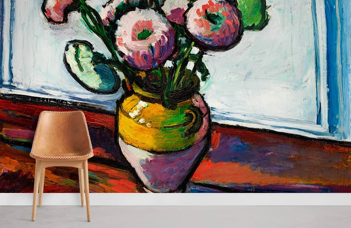 Chaise en bois clair avec dossier cousu, idéal pour papier peint mural de zinnias