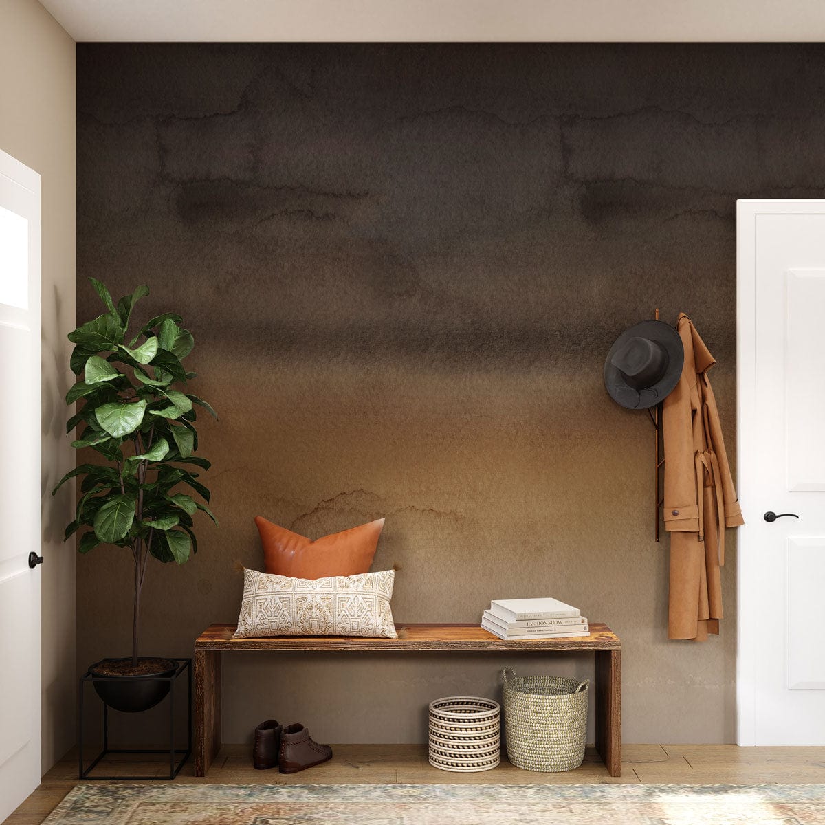 Banquette d’entrée avec rangement, coussins décoratifs, plante, mural dégradé aquarelle