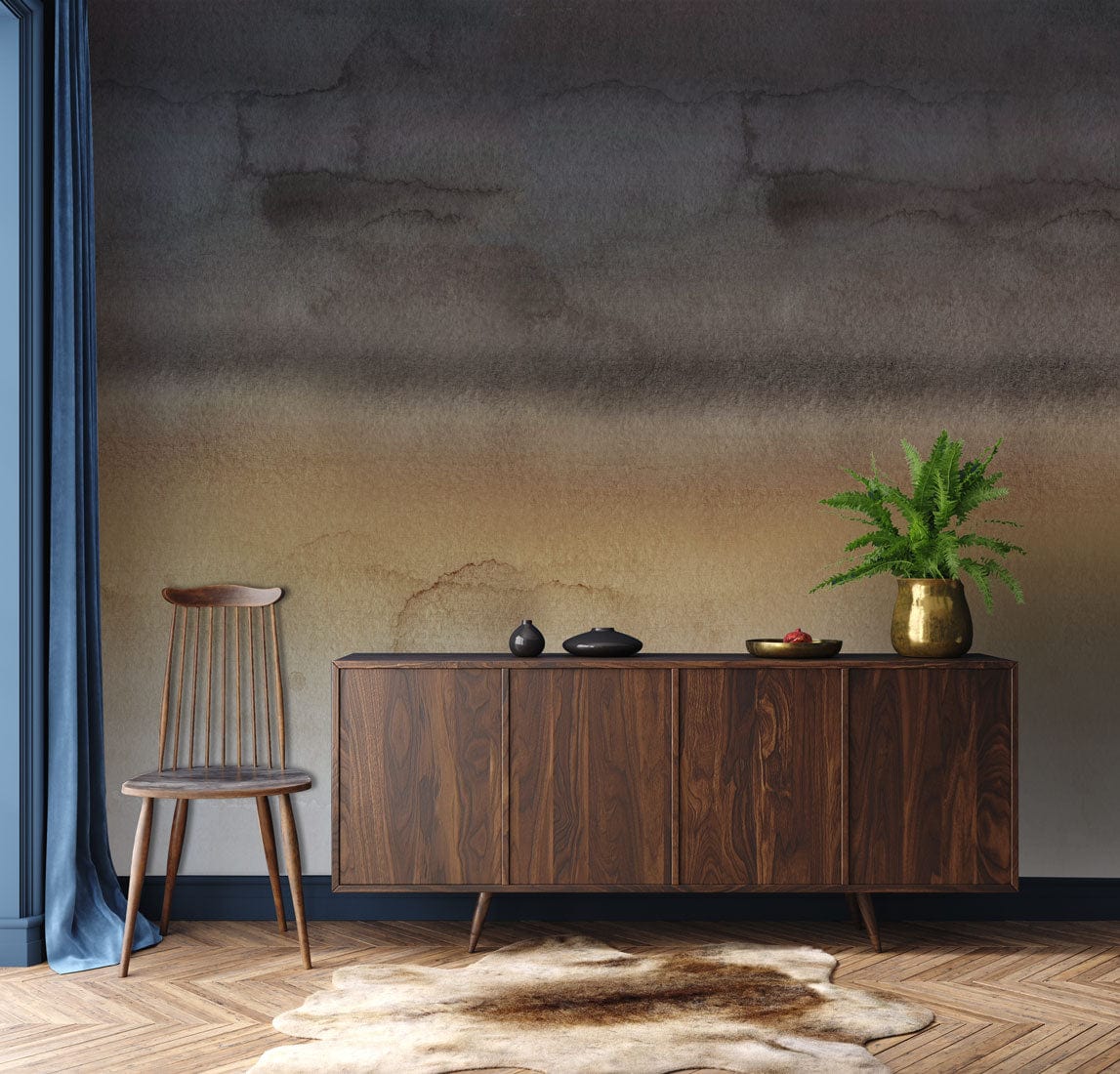 Meuble en bois sombre avec portes verticales, idéal pour un papier peint mural dégradé