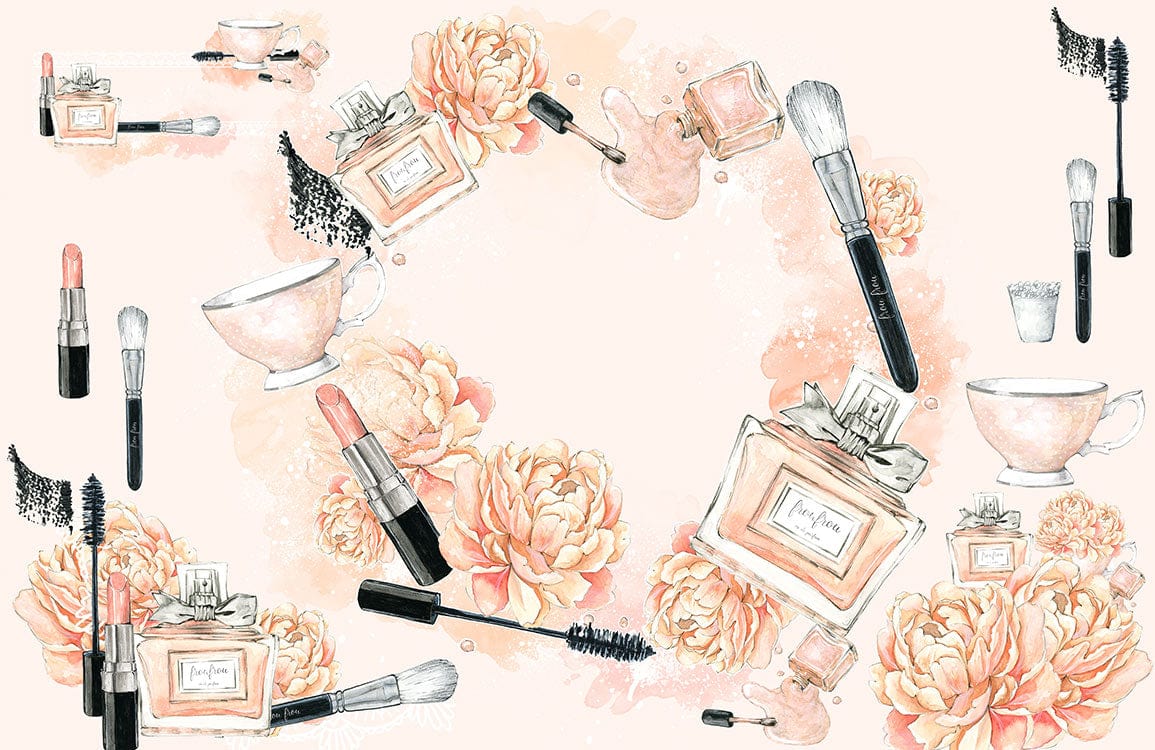 Collection de produits maquillage et parfum en aquarelle avec accents floraux pour Papier Peint Mural Délicatesse de la Vie