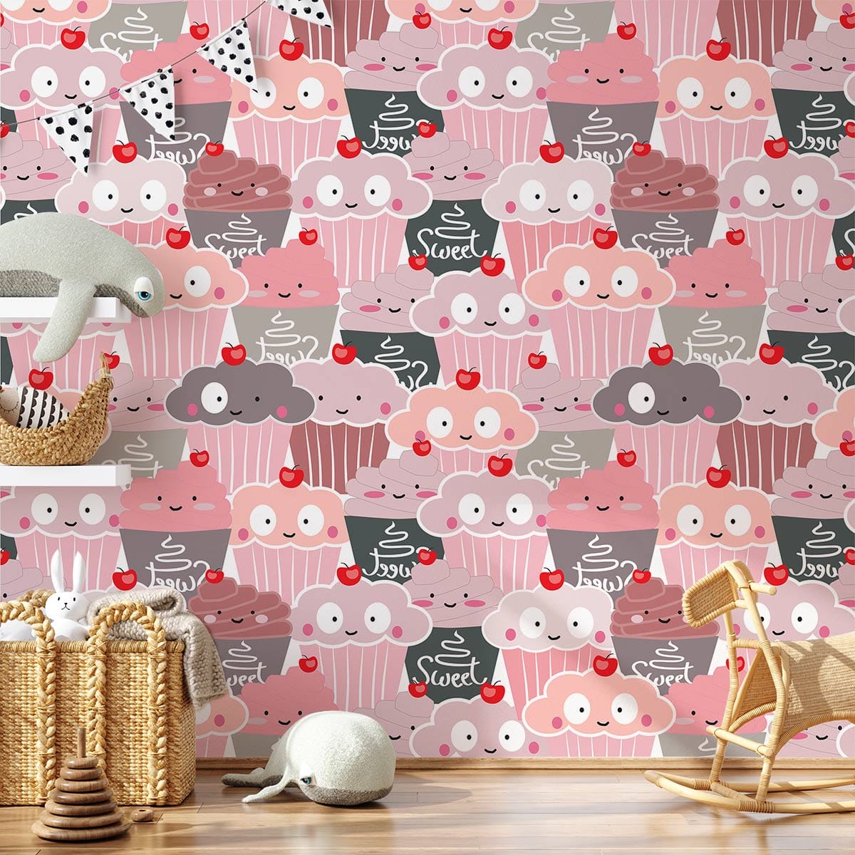 Papier peint mural Délicieuses Glaces avec cupcake rose et gris, décoration murale tendance