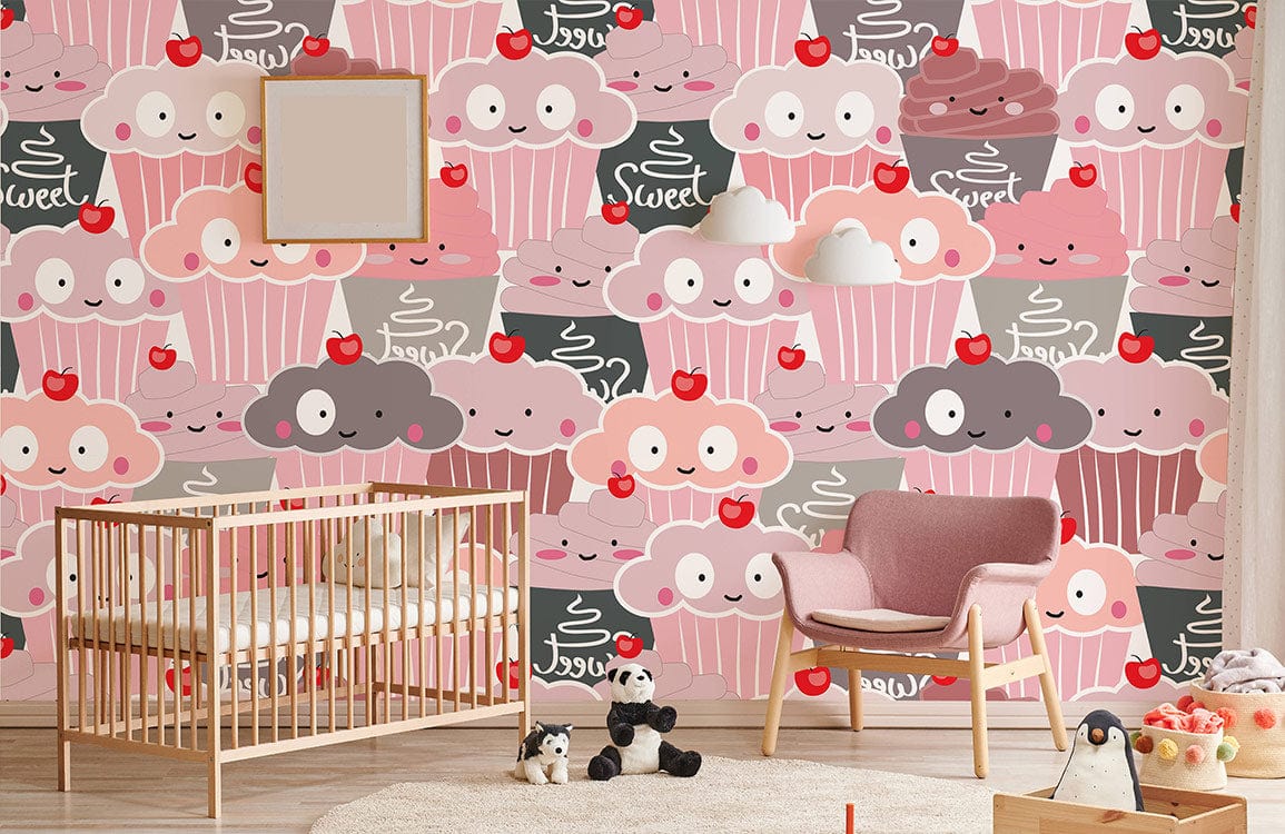Crib de bébé avec cadre en bois clair et literie blanche, idéal pour un papier peint mural Délicieuses Glaces