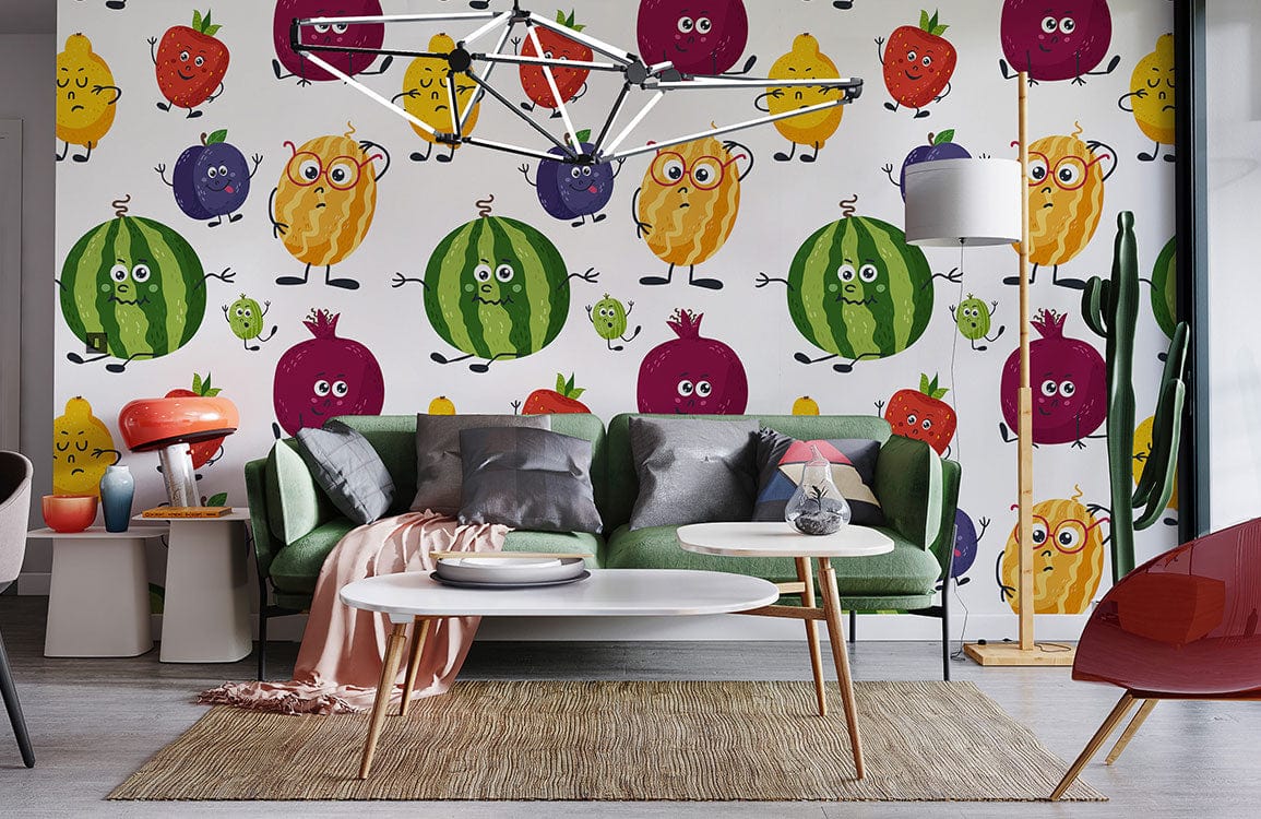 Photo d’un salon contemporain avec un papier peint mural d’Émojis de Fruits