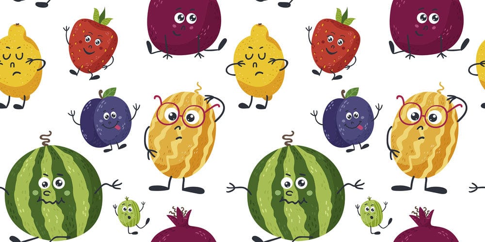 Papier peint mural d’Émojis de Fruits avec motifs de fruits cartoon expressifs