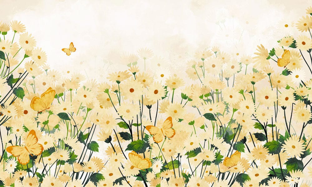 Papier peint mural avec champ de marguerites jaunes et papillons pour décoration nature