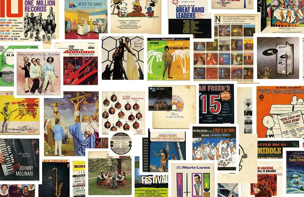 Collage de couvertures d’albums vinyles pour papier peint mural des archives de musique
