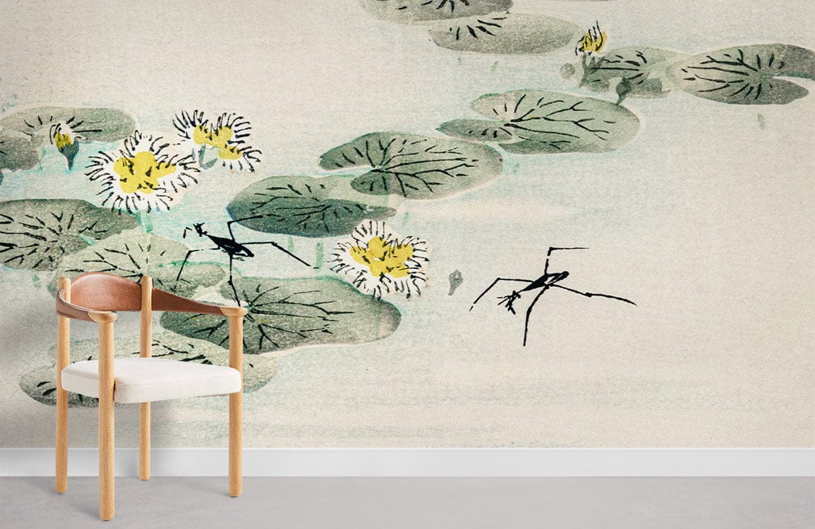 Chaise blanche avec cadre en bois léger, idéale pour un papier peint mural aquatique