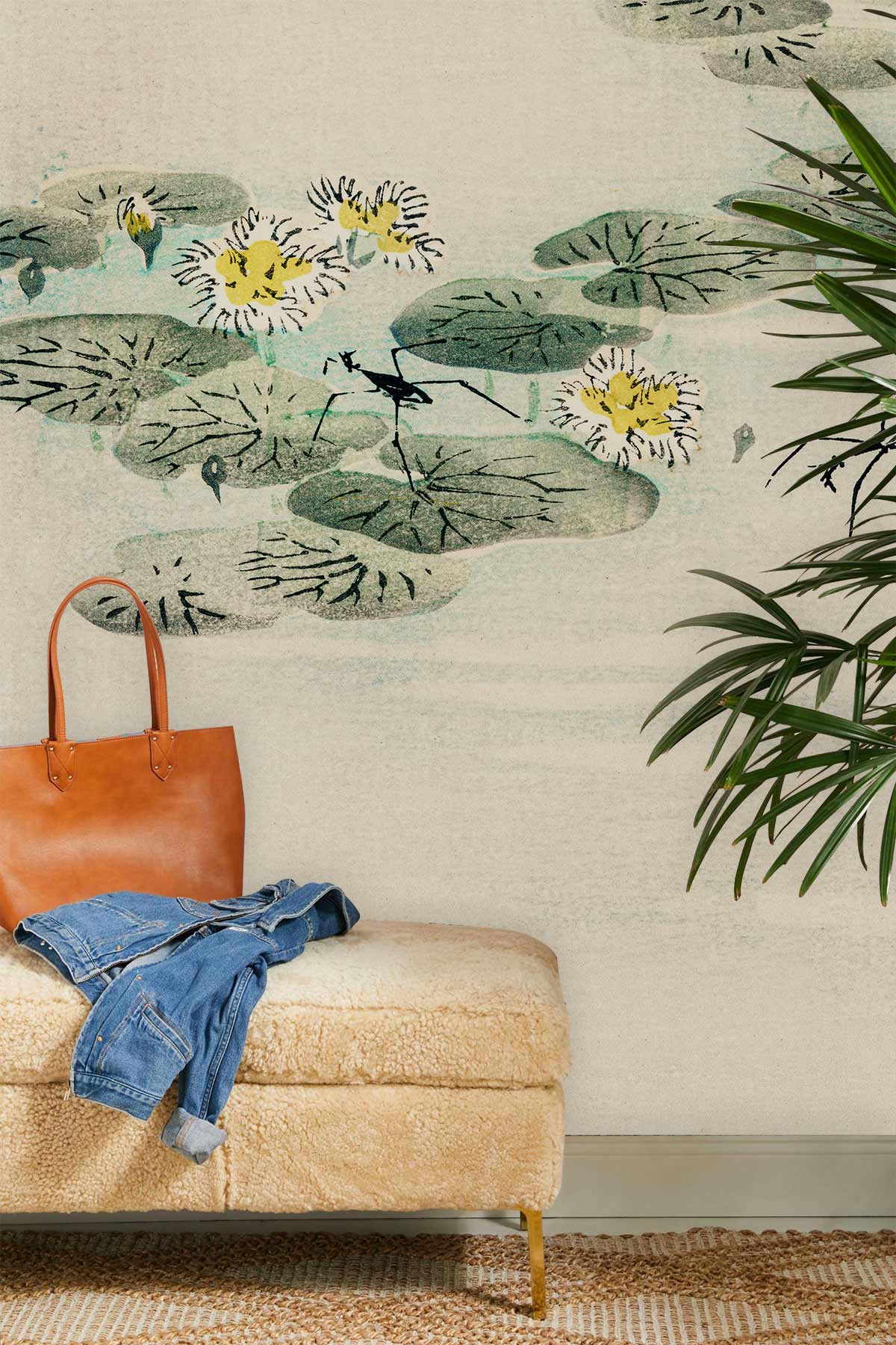 Tote en cuir tan avec deux anses, idéal pour décoration papier peint mural aquatique