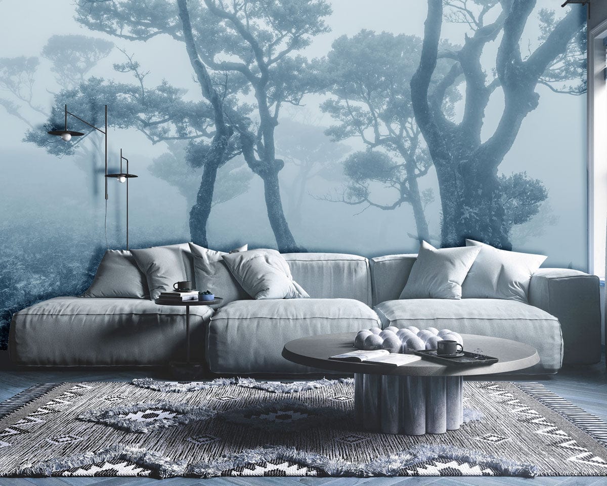 Sofa modulaire gris clair avec coussins moelleux, idéal pour un papier peint mural bois balayés par le froid