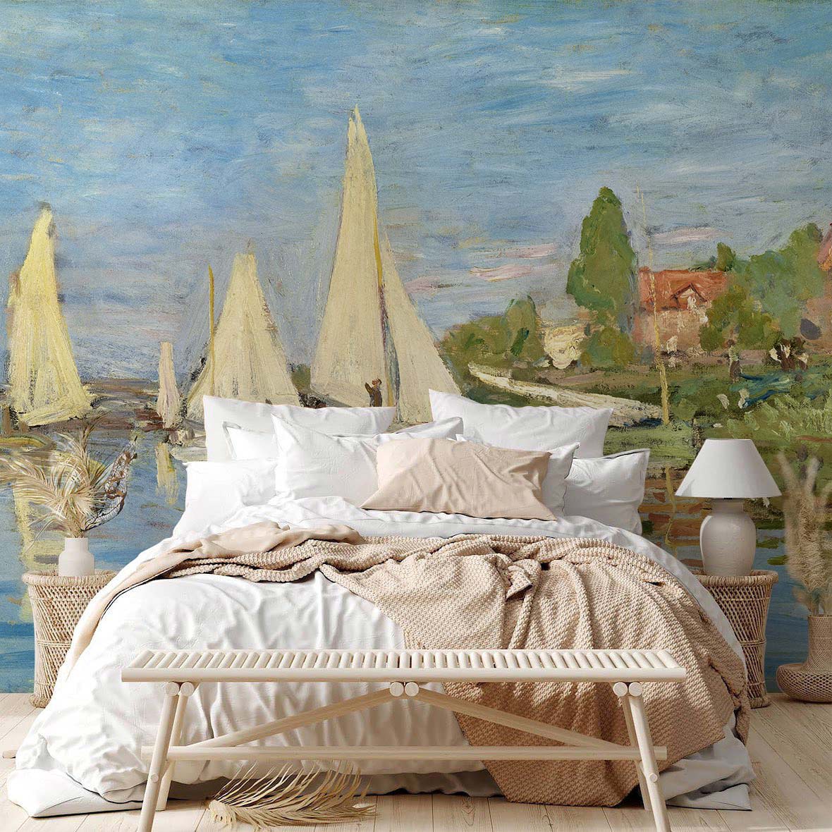 Image d un lit confortable avec linge blanc et couverture beige, idéal pour papier peint mural