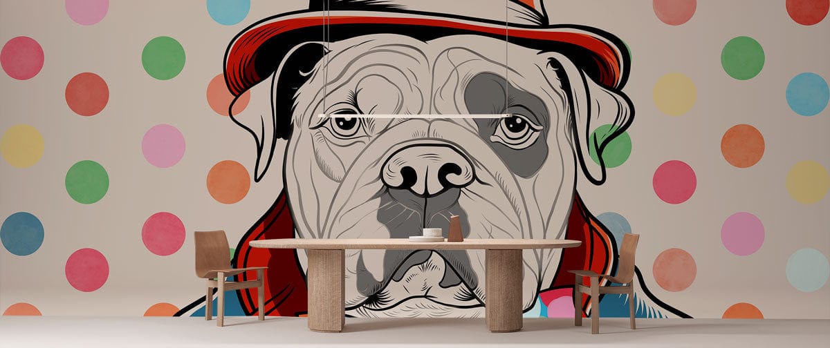 Table de salle à manger en bois clair avec bases cylindriques, idéale pour peinture murale doodle et papier peint mural doodle chien