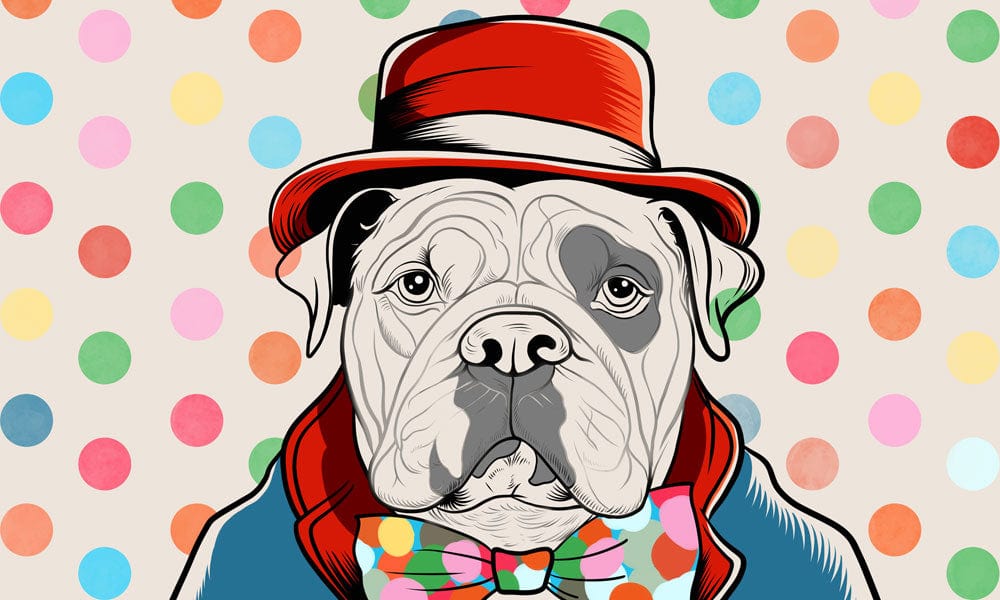 Peinture murale doodle Doodle Chien, papier peint mural avec bulldog blanc en chapeau rouge
