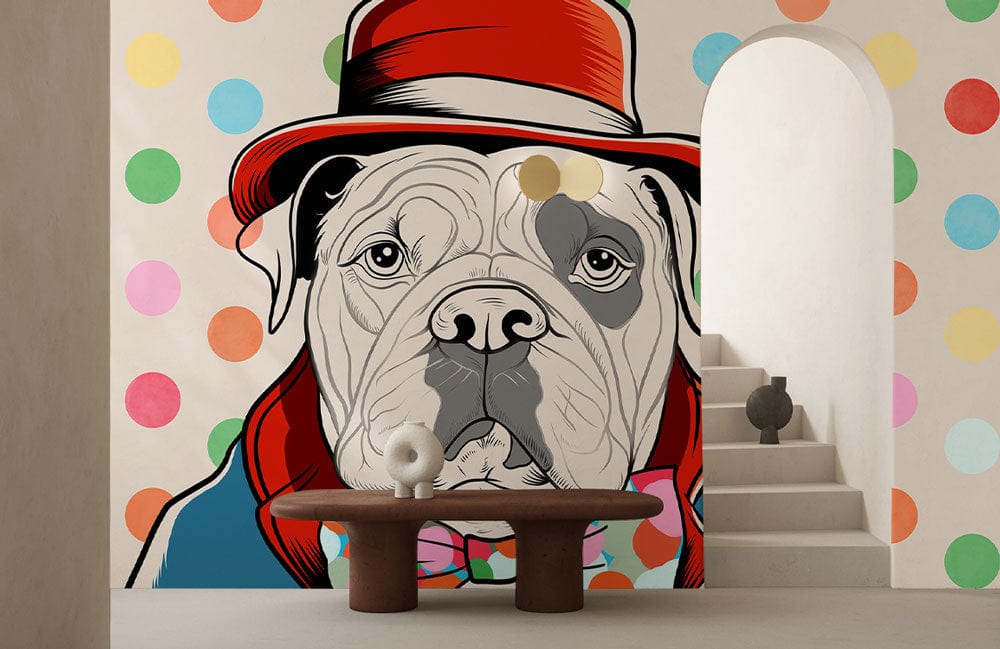 Peinture murale doodle avec bulldog coloré portant un chapeau rouge et nœud papillon