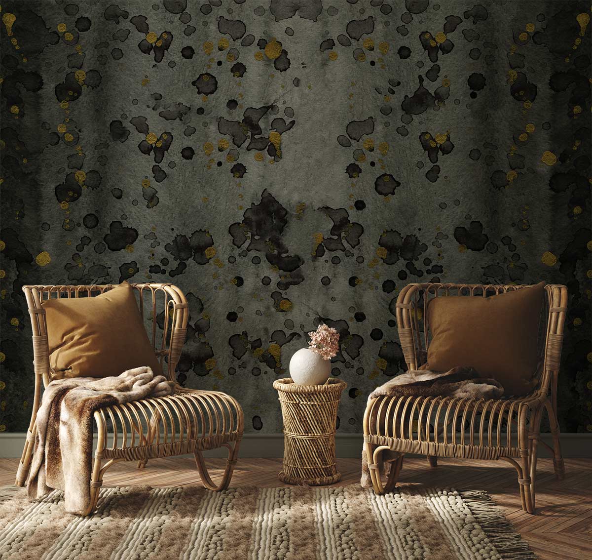 Papier peint mural doré avec taches noires et fond abstrait sombre pour décoration intérieure