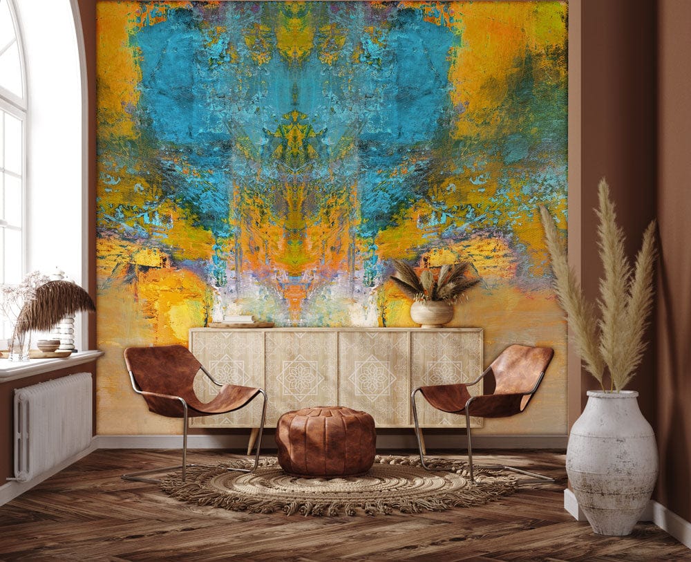 Papier peint mural coloré en bleu, jaune et orange pour décoration murale moderne