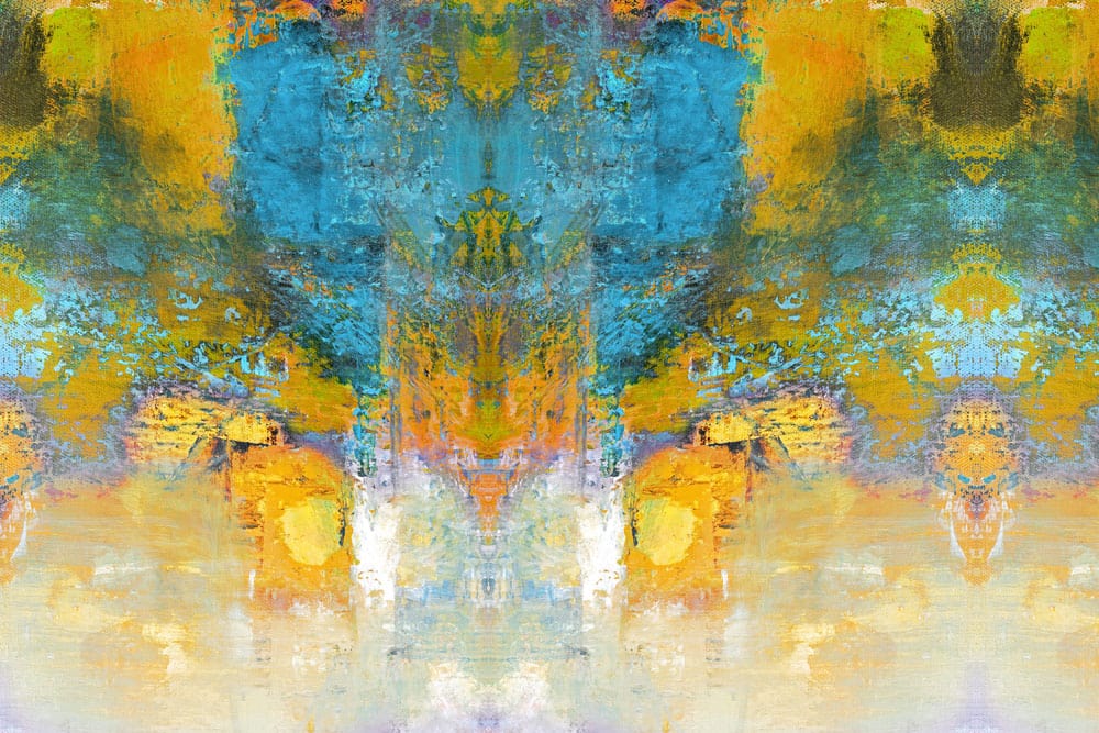 Papier peint mural vibrant avec textures en bleu, jaune et orange, idéal pour décoration intérieure