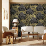 Papier peint mural tropical noir et or ambiance luxueuse et botanique - Vignette | Mr Papier Peint
