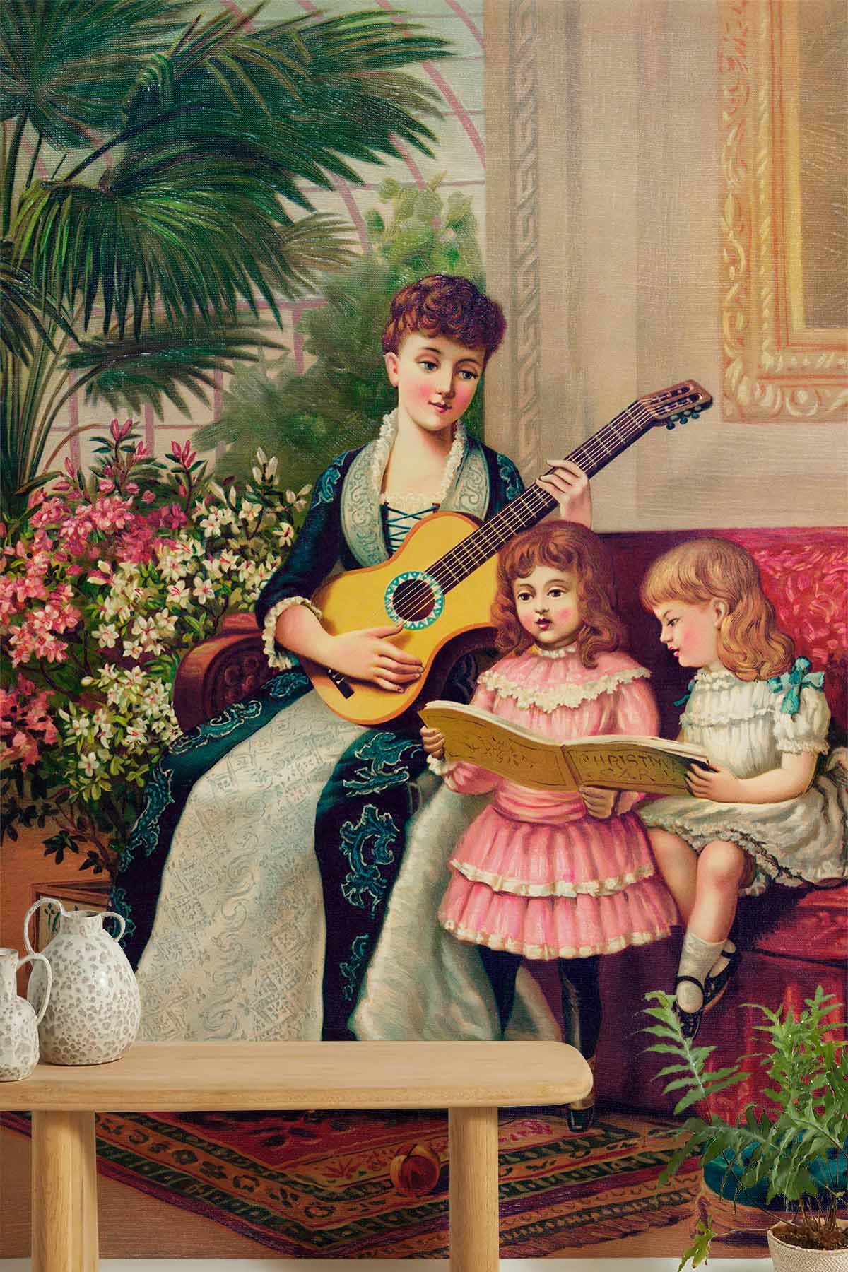 Papier peint mural du chant de Noël avec mère jouant de la guitare pour ses filles lecture