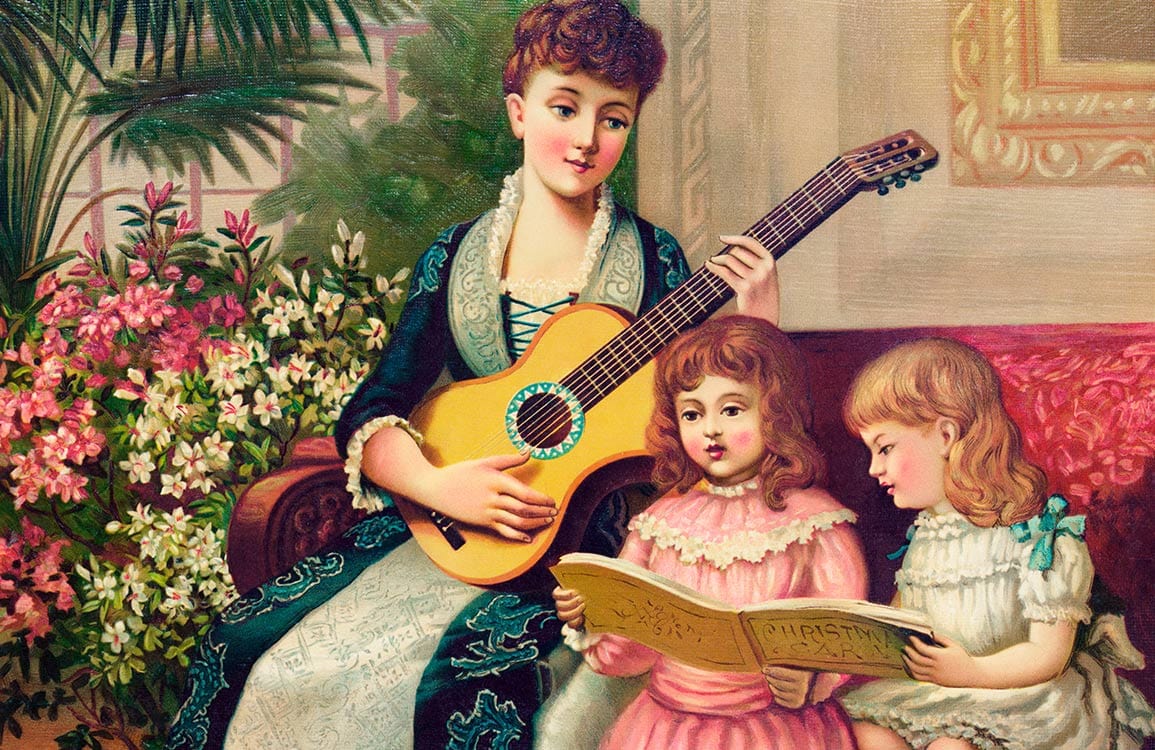 Femme et filles lisant un livre avec un guitar dans un décor de papier peint mural du chant de Noël