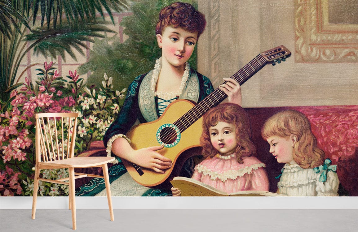 Chaise en bois Windsor style avec papier peint mural du chant de Noël à l’arrière