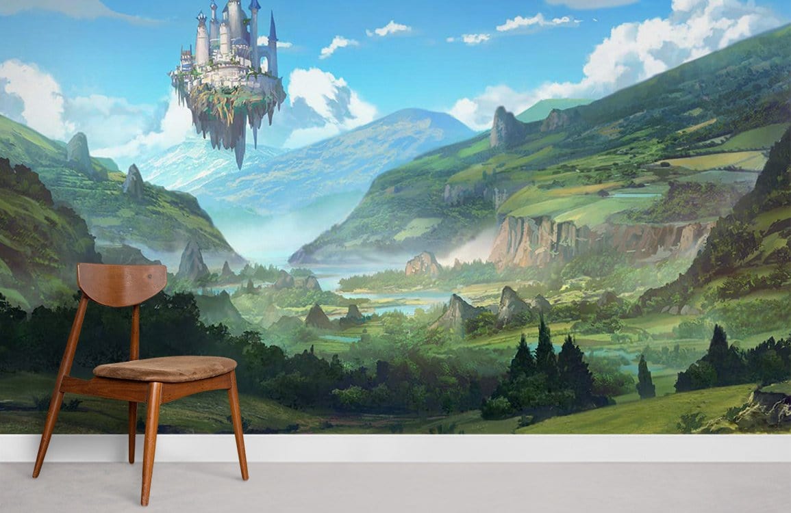 Chaise en bois avec dossier courbé et siège rembourré sur papier peint mural du Château ambulant de Howl