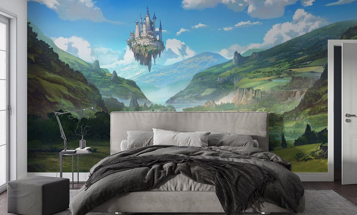 Papier peint mural du Château ambulant de Howl dans une chambre cosy avec paysage fantastique