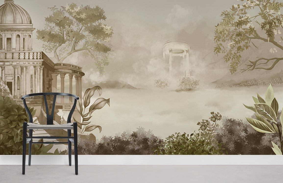 Chaise Wishbone en bois noir avec siège tissé, idéale pour un papier peint mural château brumeux
