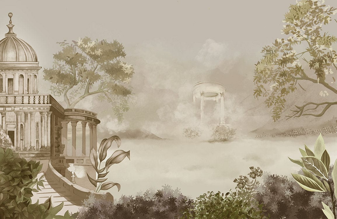 Papier peint mural paysage classique avec dôme et brume pour château brumeux