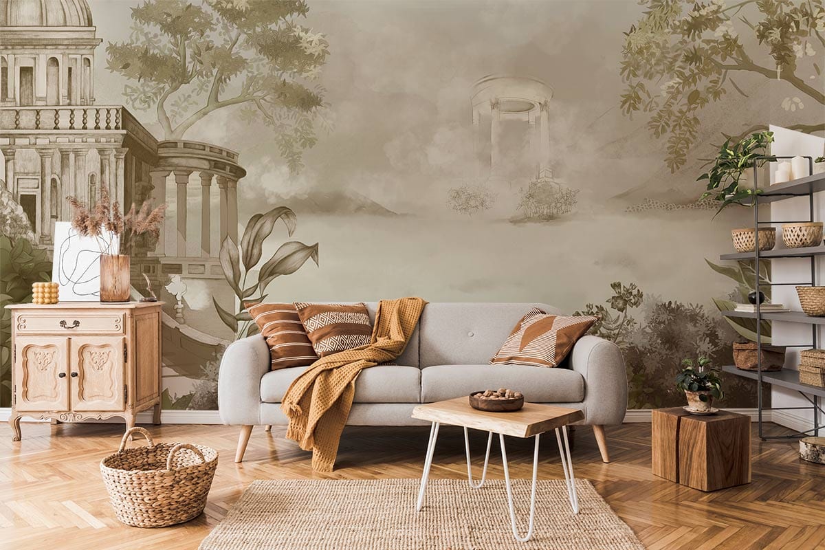 Sofa en tissu gris clair avec coussins et plaid, idéal pour un papier peint mural château brumeux