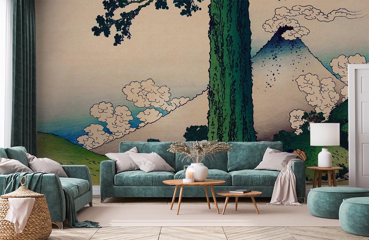 Papier peint mural du col de Mishima dans un salon avec mobilier vert et fresque nature