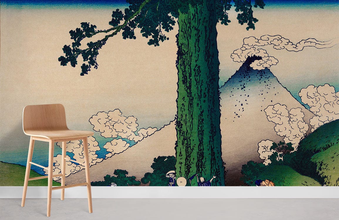 Barre haute en bois clair avec siège contouré, idéal pour un papier peint mural moderne