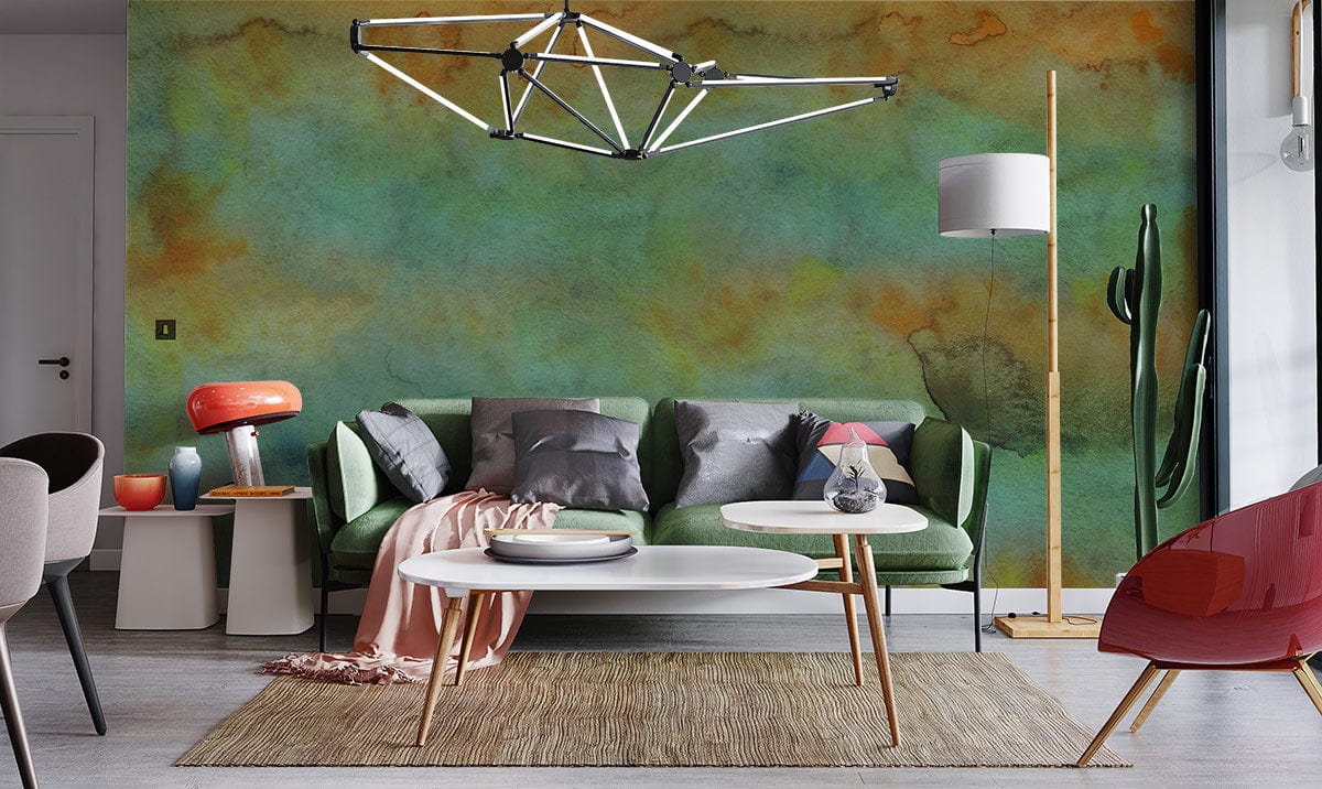 Papier peint mural du lac vert dans un salon moderne avec canapé vert et mur abstrait