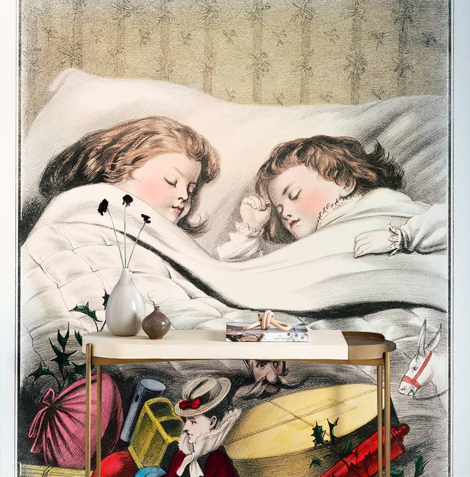 Papier peint mural du matin de Noël avant l’aube avec enfants endormis et jouets