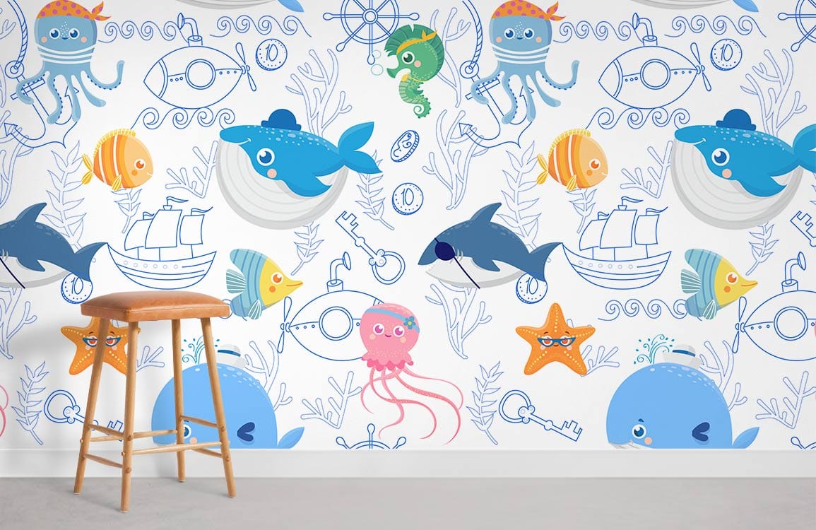 Papier peint mural du monde marin en dessin animé - Le meilleur Papier peint panoramique Sur mesure